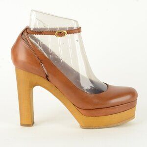 CHLOE SHOES TAN LEATHER ANKLE STRAP WOODEN PLATFORM PUMPS sz 40.5 10.5
